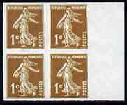 France 1932 Sower 1c imperf block of 4 being a 'Hialeah' forgery on gummed paper (as SG 497), stamps on , stamps on  stamps on farming, stamps on  stamps on forgery, stamps on  stamps on forgeries