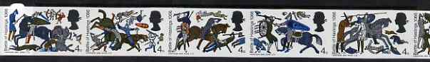 Great Britain 1966 Battle of Hastings 4d unmounted mint imperf colour separation proof strip of 6 printed in 7 colours only (bistre, black, blue, deep-blue, grey, olive-g..., stamps on battles  history  horses  textiles    militaria     vikings