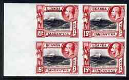 Kenya, Uganda & Tanganyika 1935 Mount Kilimanjaro KG5 15c imperf block of 4 being a 'Hialeah' forgery on gummed paper (as SG 113), stamps on mountains, stamps on forgery, stamps on forgeries, stamps on  kg5 , stamps on 
