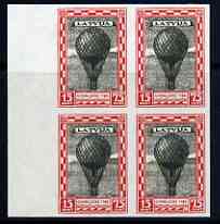 Latvia 1932 Charity 15-75s Jacques Charless Hydrogen Balloon imperf block of 4 being a Hialeah forgery on gummed paper (as SG 245), stamps on balloons, stamps on aviation, stamps on forgery, stamps on forgeries, stamps on 