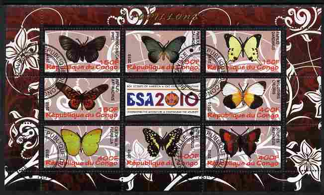 Congo 2010 Butterflies #02 perf sheetlet containing 8 values plus Scouts label fine cto used, stamps on butterflies, stamps on scouts, stamps on 