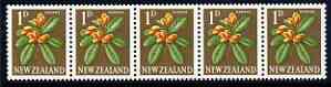 New Zealand 1960-66 Karaka 1d (from def set) perf 14.5x13 coil strip of 5 full perfs unmounted mint, SG 782b, stamps on , stamps on  stamps on trees