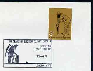 Postmark - Great Britain 1973 cover bearing illustrated cancellation for 100 Years of English County Cricket, Lords Exhibition Ground, stamps on , stamps on  stamps on sport, stamps on  stamps on cricket, stamps on  stamps on 