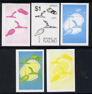Nauru 1973 Artefacts & Map $1 definitive (SG 112) set of 5 unmounted mint IMPERF progressive proofs on gummed paper (blue, magenta, yelow, black and blue & yellow), stamps on arteficts  maps
