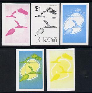 Nauru 1973 Artefacts & Map $1 definitive (SG 112) set of 5 unmounted mint IMPERF progressive proofs on gummed paper (blue, magenta, yelow, black and blue & yellow), stamps on , stamps on  stamps on arteficts  maps