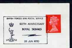 Postmark - Great Britain 1970 cover bearing illustrated cancellation for 50th Anniversary Royal Signals (BFPS), stamps on , stamps on  stamps on militaria, stamps on  stamps on communications