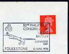 Postmark - Great Britain 1970 cover bearing special cancellation for 52nd Philatelic Congress of Great Britain, Folkestone (showing Early Airplane), stamps on , stamps on  stamps on postal, stamps on  stamps on aviation