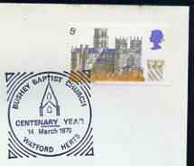 Postmark - Great Britain 1970 cover bearing special illustrated cancellation for Bushy Baptist Church Centenary Year, stamps on churches