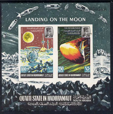 Aden - Qu'aiti 1967 Moon Landing imperf miniature sheet unmounted mint Mi BL 9B, stamps on space