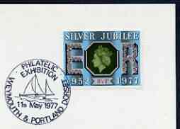 Postmark - Great Britain 1977 card bearing illustrated cancellation for Philatelic Exhibition, Weymouth, stamps on ships, stamps on stamp exhibitions