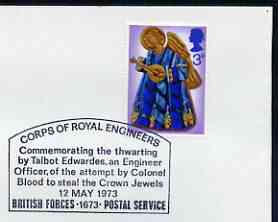 Postmark - Great Britain 1973 cover bearing special cancellation for Corps of Royal Engineers - Thwarting the attempt to steal the Crown Jewels (BFPS), stamps on militaria, stamps on jewellry