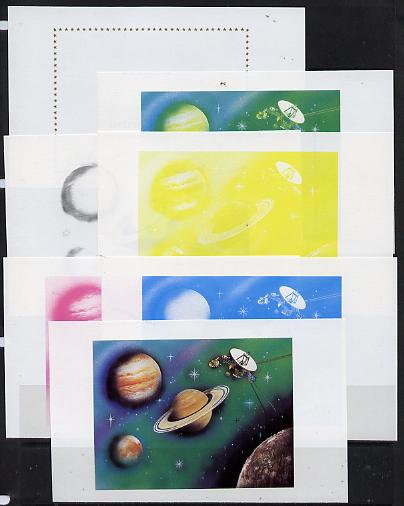 Lesotho 1981 Saturn & Voyager Space Exploration m/sheet the set of 7 imperf progressive proofs comprising the 5 individual colours plus 2 different combination composites..., stamps on space