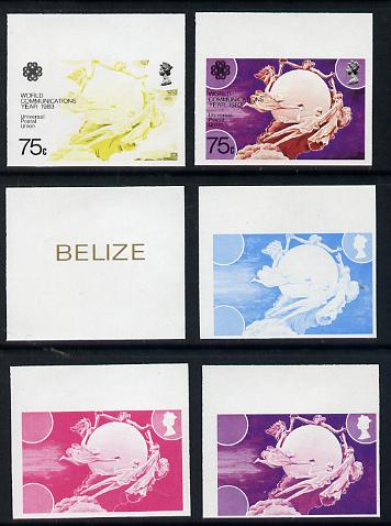 Belize 1983 Communications 75c UPU Emblem x 6 imperf progressive proofs comprising various individual or composite colours unmounted mint, stamps on , stamps on  stamps on communications   upu, stamps on  stamps on  upu , stamps on  stamps on 