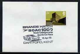 Postmark - Great Britain 1972 cover bearing illustrated cancellation for Brands Hatch 'BOAC 1000' World Championship Sports Car Race, stamps on cars, stamps on racing cars, stamps on aviation, stamps on sport
