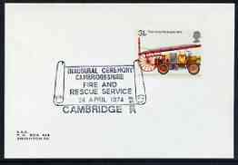 Postmark - Great Britain 1974 card bearing illustrated cancellation for Inaugural Ceremony Cambridgeshire Fire & Rescue Service, stamps on , stamps on  stamps on rescue, stamps on  stamps on fire