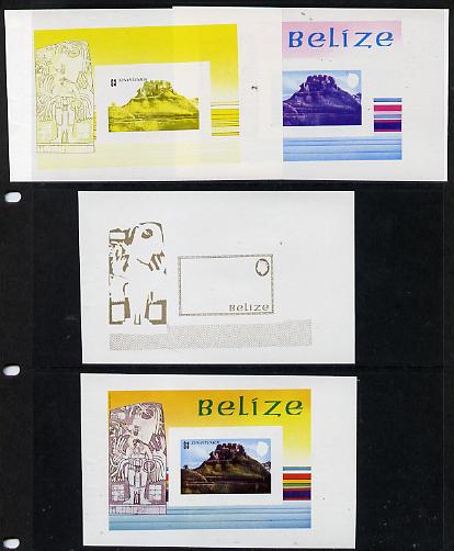 Belize 1983 Maya Monuments m/sheet (Xunantunich) the set of 4 imperf progressive proofs comprising various single & multiple combination composites unmounted mint (as SG MS 751), stamps on , stamps on  stamps on buildings   monuments  tourism    civil engineering