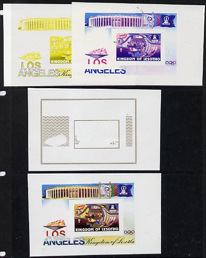 Lesotho 1984 Los Angeles Olympic Games (Olympic Flame & Flags) m/sheet the set of 4 imperf progressive proofs comprising various single & multiple combination composites, extremely rare (as SG MS 595), stamps on , stamps on  stamps on flags, stamps on  stamps on sport, stamps on  stamps on olympics