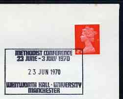 Postmark - Great Britain 1970 cover bearing special cancellation for Methodist Conference, Whitworth Hall, stamps on religion