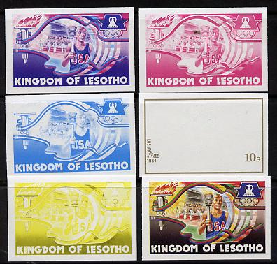 Lesotho 1984 Los Angeles Olympic Games 10s (Torch Bearer) set of 6 imperf progressive proofs comprising various single & multiple combination composites, very scarce, stamps on sport, stamps on olympics