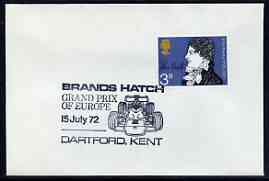 Postmark - Great Britain 1972 cover bearing illustrated cancellation for Brands Hatch Grand Prix of Europe, stamps on cars, stamps on  f1 , stamps on racing cars
