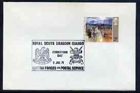 Postmark - Great Britain 1971 cover bearing illustrated cancellation for Royal Scots Dragoon Guards, Formation Day (BFPS) showing an Eagle & Prince of Wales Feathers, stamps on militaria, stamps on eagles, stamps on charles, stamps on birds of prey, stamps on scots, stamps on scotland
