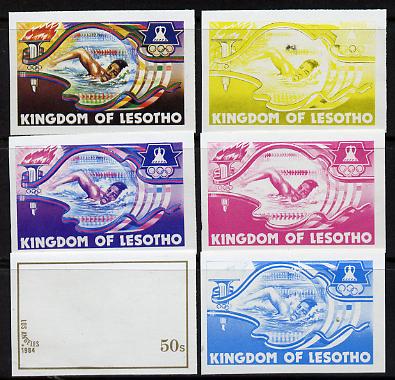 Lesotho 1984 Los Angeles Olympic Games 50s (Swimming) set of 6 imperf progressive proofs comprising various single & multiple combination composites, very scarce as SG 592, stamps on sport, stamps on swimming, stamps on olympics