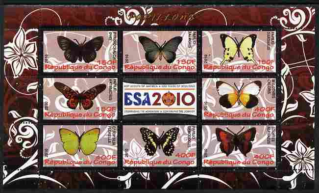 Congo 2010 Butterflies #02 perf sheetlet containing 8 values plus Scouts label unmounted mint, stamps on butterflies, stamps on scouts, stamps on 