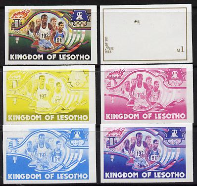 Lesotho 1984 Los Angeles Olympic Games 1m (Running) set of 6 imperf progressive proofs comprising various single & multiple combination composites, very scarce, as SG 594, stamps on sport, stamps on running, stamps on olympics