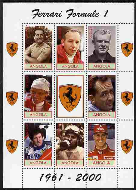 Angola 2010 Ferrari Formula 1 World Champions perf sheetlet containing 8 values plus label unmounted mint. Note this item is privately produced and is offered purely on i...