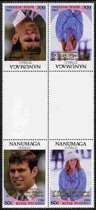 Tuvalu - Nanumaga 1986 Royal Wedding (Andrew & Fergie) 60c with 'Congratulations' opt in gold in unissued perf tete-beche inter-paneau block of 4 (2 se-tenant pairs) with overprint inverted on one pair unmounted mint from Printer's uncut proof sheet, stamps on , stamps on  stamps on royalty, stamps on  stamps on andrew, stamps on  stamps on fergie, stamps on  stamps on 