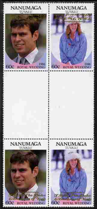 Tuvalu - Nanumaga 1986 Royal Wedding (Andrew & Fergie) $1 with 'Congratulations' opt in gold in unissued perf inter-paneau block of 4 (2 se-tenant pairs) with overprint inverted on one pair unmounted mint from Printer's uncut proof sheet, stamps on , stamps on  stamps on royalty, stamps on  stamps on andrew, stamps on  stamps on fergie, stamps on  stamps on 