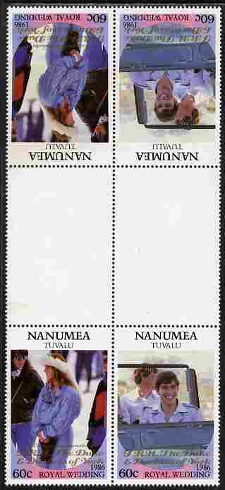 Tuvalu - Nanumea 1986 Royal Wedding (Andrew & Fergie) 60c with 'Congratulations' opt in gold in unissued perf tete-beche inter-paneau block of 4 (2 se-tenant pairs) unmounted mint from Printer's uncut proof sheet, stamps on , stamps on  stamps on royalty, stamps on  stamps on andrew, stamps on  stamps on fergie, stamps on  stamps on 