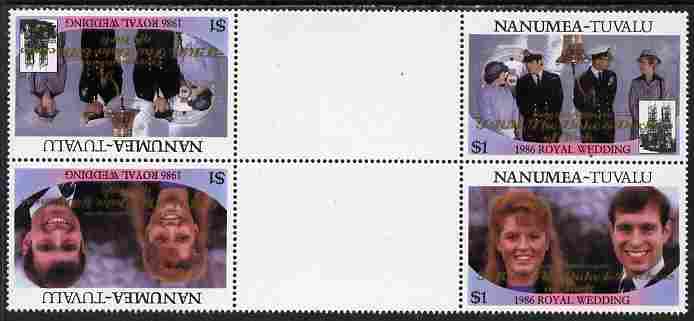 Tuvalu - Nanumea 1986 Royal Wedding (Andrew & Fergie) $1 with 'Congratulations' opt in gold in unissued perf tete-beche inter-paneau block of 4 (2 se-tenant pairs) unmounted mint from Printer's uncut proof sheet, stamps on , stamps on  stamps on royalty, stamps on  stamps on andrew, stamps on  stamps on fergie, stamps on  stamps on 