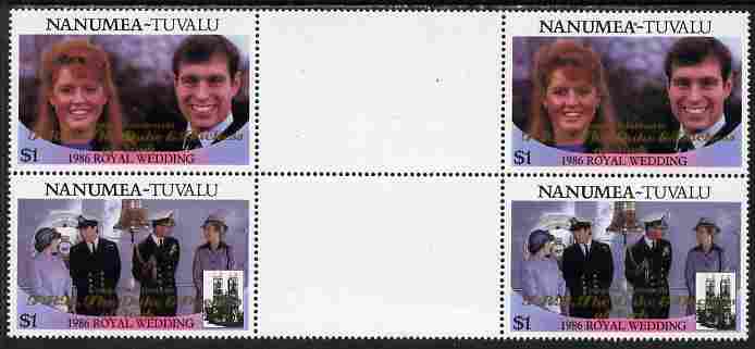 Tuvalu - Nanumea 1986 Royal Wedding (Andrew & Fergie) $1 with 'Congratulations' opt in gold in unissued perf inter-paneau block of 4 (2 se-tenant pairs) unmounted mint from Printer's uncut proof sheet, stamps on royalty, stamps on andrew, stamps on fergie, stamps on 
