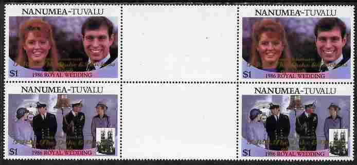 Tuvalu - Nanumea 1986 Royal Wedding (Andrew & Fergie) $1 with Congratulations opt in gold in unissued perf inter-paneau block of 4 (2 se-tenant pairs) unmounted mint from..., stamps on royalty, stamps on andrew, stamps on fergie, stamps on 