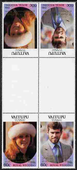 Tuvalu - Vaitupu 1986 Royal Wedding (Andrew & Fergie) 60c with 'Congratulations' opt in gold in unissued perf tete-beche inter-paneau block of 4 (2 se-tenant pairs) unmounted mint from Printer's uncut proof sheet, stamps on , stamps on  stamps on royalty, stamps on  stamps on andrew, stamps on  stamps on fergie, stamps on  stamps on 