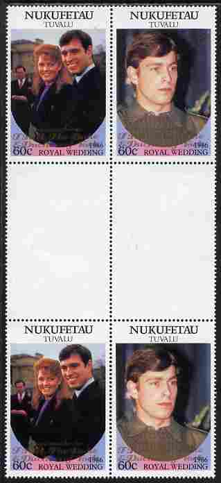 Tuvalu - Nukufetau 1986 Royal Wedding (Andrew & Fergie) 60c with 'Congratulations' opt in gold in unissued perf inter-paneau block of 4 (2 se-tenant pairs) unmounted mint from Printer's uncut proof sheet, stamps on , stamps on  stamps on royalty, stamps on  stamps on andrew, stamps on  stamps on fergie, stamps on  stamps on 