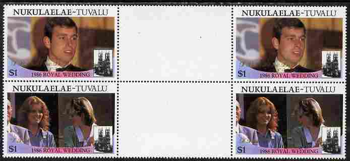 Tuvalu - Nukulaelae 1986 Royal Wedding (Andrew & Fergie) $1 with Congratulations opt in gold in unissued perf inter-paneau block of 4 (2 se-tenant pairs) unmounted mint f..., stamps on royalty, stamps on andrew, stamps on fergie, stamps on 