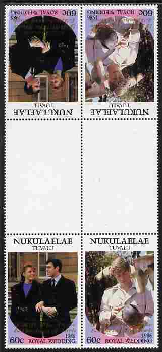 Tuvalu - Nukulaelae 1986 Royal Wedding (Andrew & Fergie) 60c with 'Congratulations' opt in gold in unissued perf tete-beche inter-paneau block of 4 (2 se-tenant pairs) unmounted mint from Printer's uncut proof sheet, stamps on royalty, stamps on andrew, stamps on fergie, stamps on 