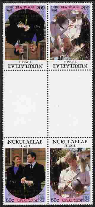 Tuvalu - Nukulaelae 1986 Royal Wedding (Andrew & Fergie) 60c with 'Congratulations' opt in gold in unissued perf tete-beche inter-paneau block of 4 (2 se-tenant pairs) unmounted mint from Printer's uncut proof sheet, stamps on , stamps on  stamps on royalty, stamps on  stamps on andrew, stamps on  stamps on fergie, stamps on  stamps on 