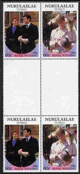 Tuvalu - Nukulaelae 1986 Royal Wedding (Andrew & Fergie) 60c with 'Congratulations' opt in gold in unissued perf inter-paneau block of 4 (2 se-tenant pairs) unmounted mint from Printer's uncut proof sheet, stamps on , stamps on  stamps on royalty, stamps on  stamps on andrew, stamps on  stamps on fergie, stamps on  stamps on 