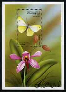 Madagascar 1998 Butterflies perf m/sheet #01 (1800f Cabbage Butterfly on Orchid) signed by Thomas C Wood the designer, stamps on , stamps on  stamps on butterflies, stamps on  stamps on orchids, stamps on  stamps on flowers
