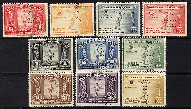 El Salvador 1935 Central American Games complete set of 10 values each perforated with part of the legend 'SPECIMEN COLOMBIAN BANK NOTE Co CHICAGO' (the full legend extending over 8 stamps) fine with gum and extremely scarce (as SG 826-35), stamps on sport, stamps on discus, stamps on running, stamps on aviation