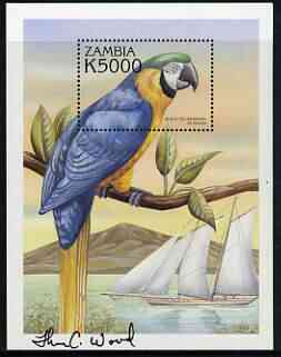 Zambia 2000 ? Blue & Yellow Macaw K5000 perf m/sheet signed by Thomas C Wood the designer, stamps on birds, stamps on parrots