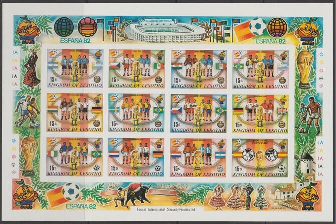 Lesotho 1982 World Cup Football set of 12 in unmounted mint imperf se-tenant sheetlet (SG 480a), stamps on , stamps on  stamps on flags, stamps on sport, stamps on football