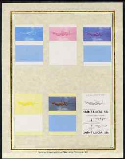 St Lucia 1985 Military Aircraft (Leaders of the World) 55c (Lancaster) set of 7 imperf progressive proof pairs comprising the 4 individual colours plus 2, 3 and all 4 colour composites mounted on special Format International cards (as SG 814a), stamps on , stamps on  stamps on aviation, stamps on  stamps on  ww2 , stamps on  stamps on  raf , stamps on  stamps on lancaster