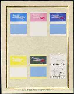 St Lucia 1985 Military Aircraft (Leaders of the World) 60c (Mustang) set of 7 imperf progressive proof pairs comprising the 4 individual colours plus 2, 3 and all 4 colour composites mounted on special Format International cards (as SG 816a), stamps on , stamps on  stamps on aviation, stamps on  stamps on  ww2 , stamps on  stamps on 