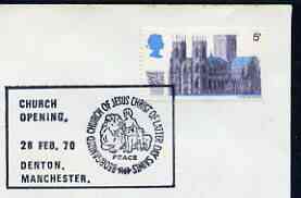 Postmark - Great Britain 1970 cover bearing illustrated cancellation for Opening of Church of Jesus Christ of Latter Day Saints showing Peace (with Lion & Lamb), stamps on churches, stamps on lions, stamps on ovine, stamps on sheep, stamps on peace, stamps on saints