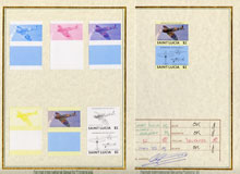 St Lucia 1985 Military Aircraft (Leaders of the World) $2 (Spitfire) set of 7 imperf progressive proof pairs comprising the 4 individual colours plus 2, 3 and all 4 colour composites mounted on special Format International cards (as SG 818a), stamps on , stamps on  stamps on aviation, stamps on  stamps on  ww2 , stamps on  stamps on  raf , stamps on  stamps on 