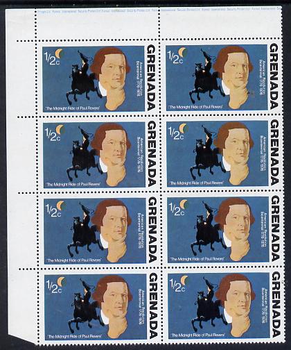 Grenada 1976 USA Bicentenary 1/2c (Paul Revere) corner block of 8, one stamp with green flaw in background (R4/2) unmounted mint, stamps on constitutions    history  personalities     americana, stamps on masonics, stamps on masonry